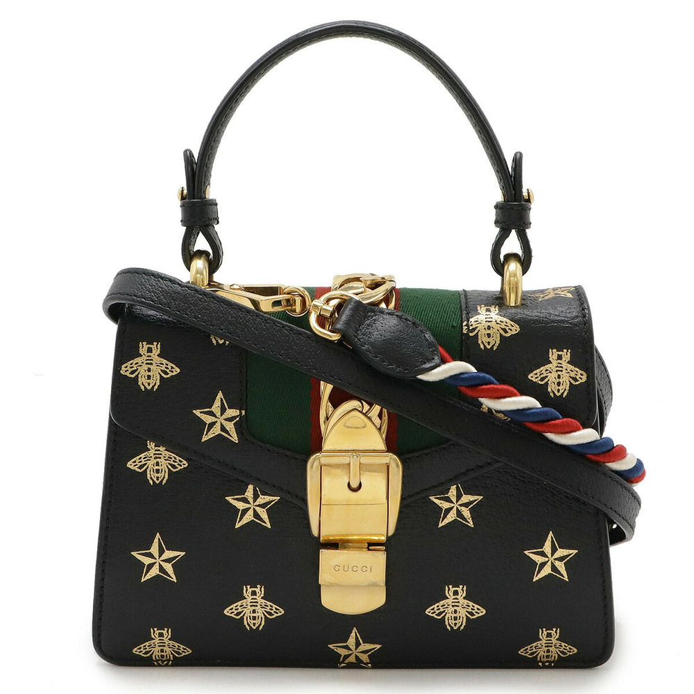 Gucci Sylvie Bee Star Sherry Bag Handbag Shoulder Leather Black